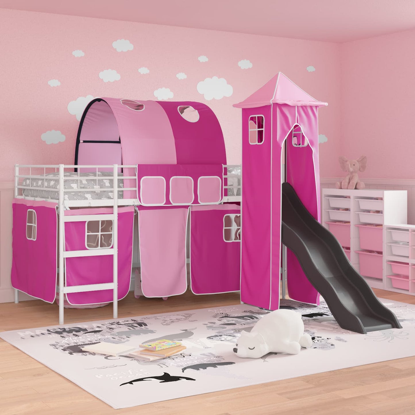 Kids'Loft Bed Frame White and Pink 80 x 200 cm Metal