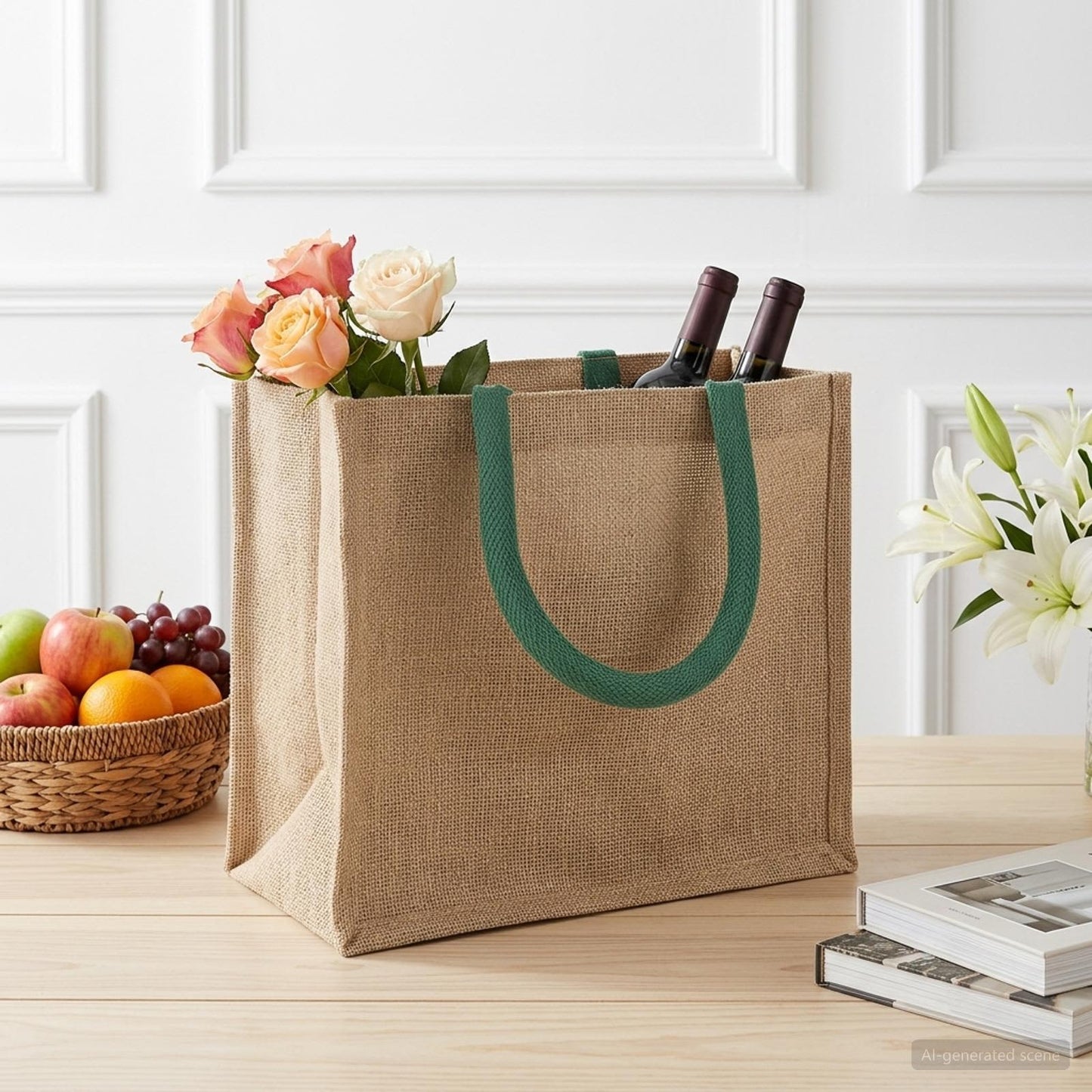 Jute Handbags 5 Natural and Green 26 x 22 x 14 cm