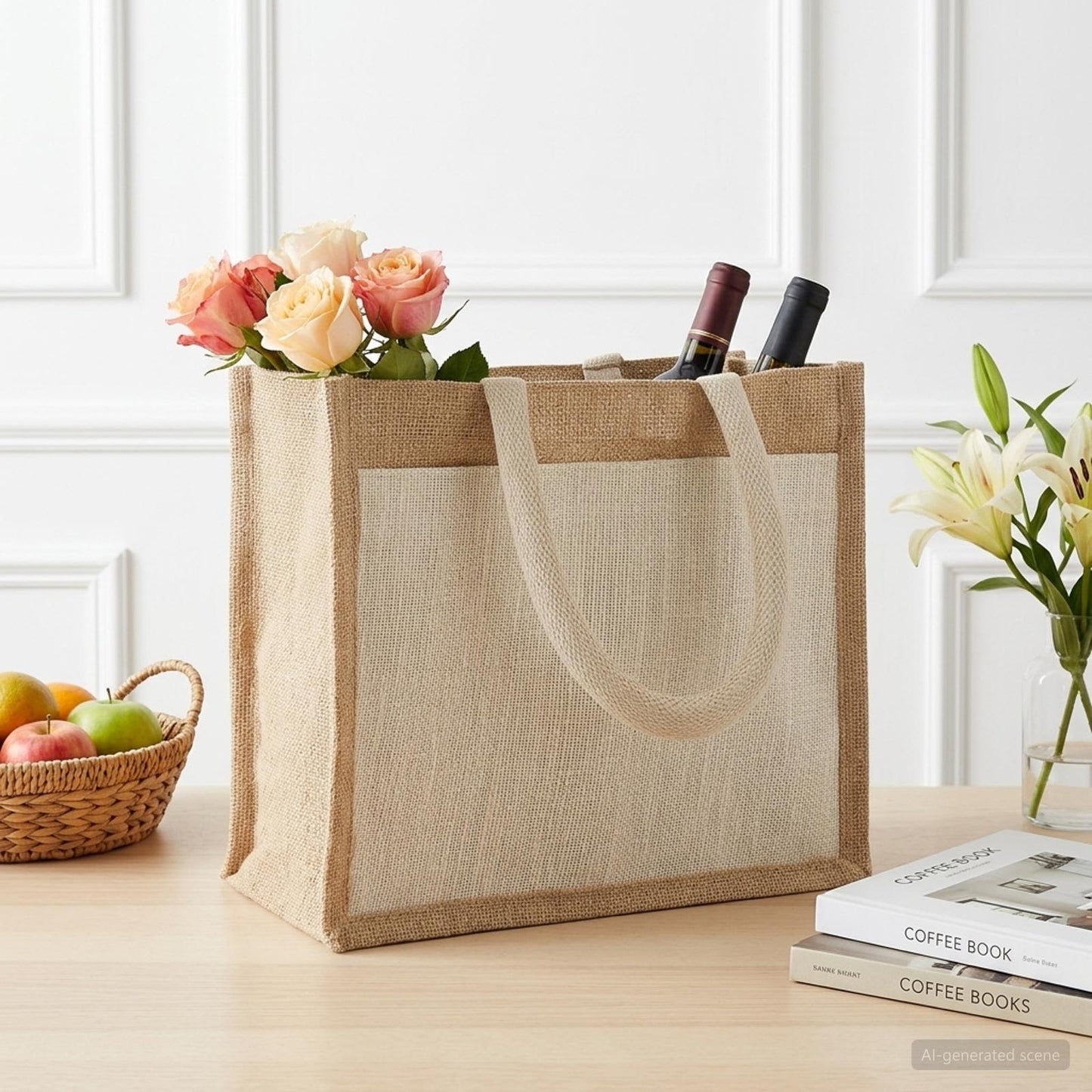 Jute Handbags with Pocket 5 Natural and White 26 x 22 x 14 cm