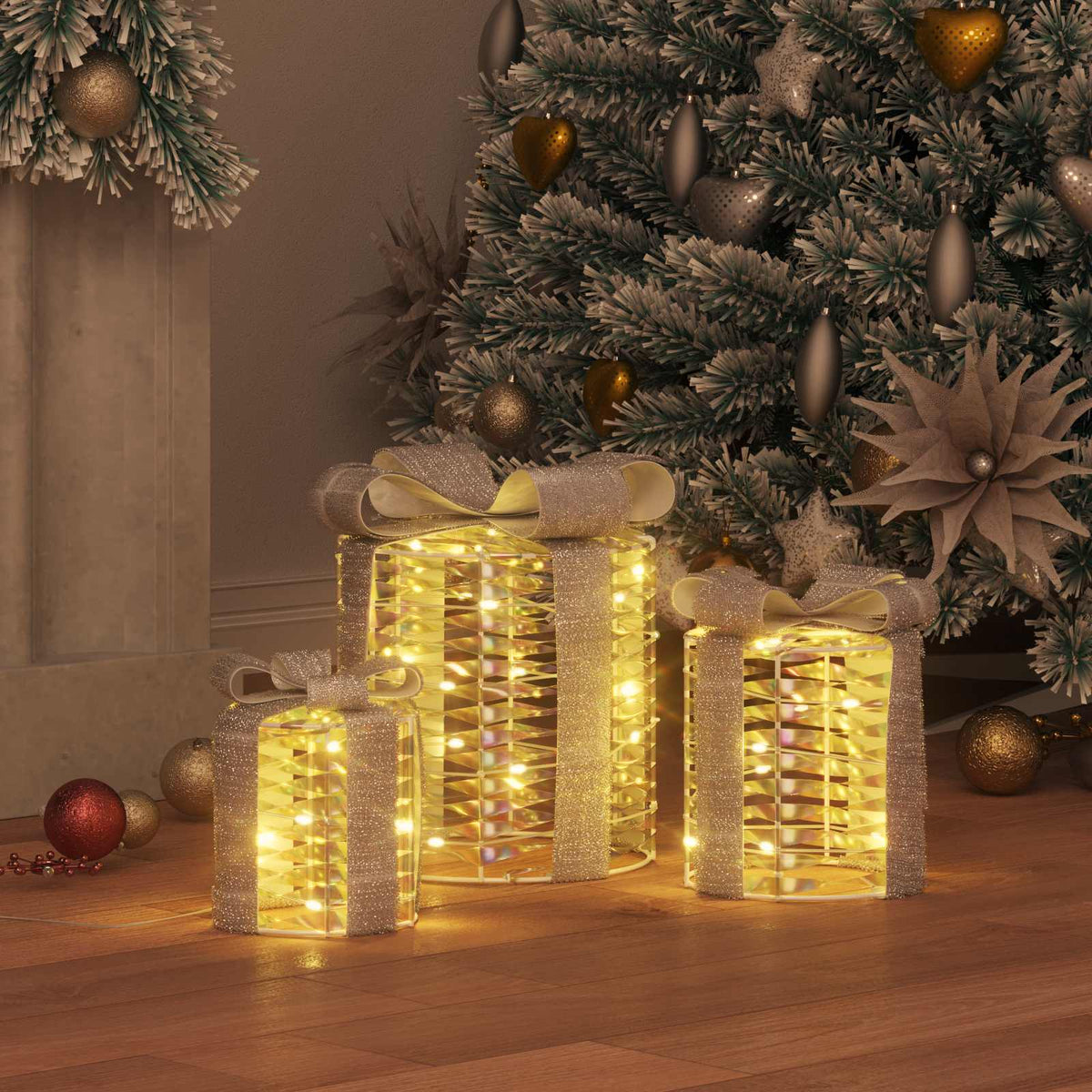 Gift Box Decoration 3 pcs Warm white 20 x 20 x 20 cm PET