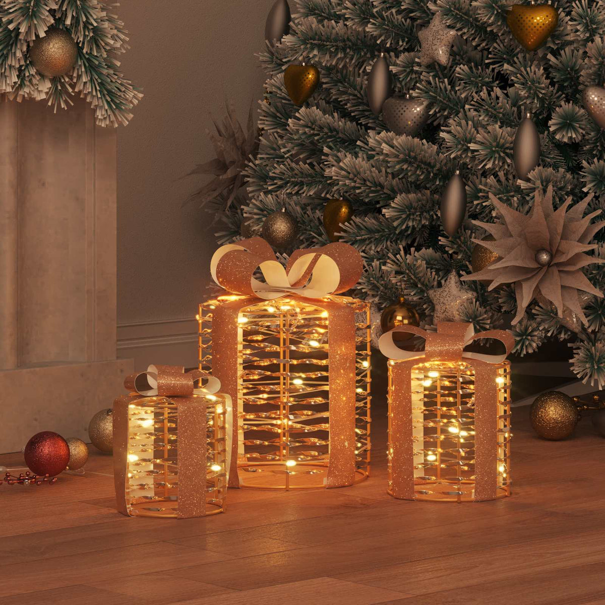 Gift Box Decoration 3 pcs Warm white 20 x 20 x 20 cm PET