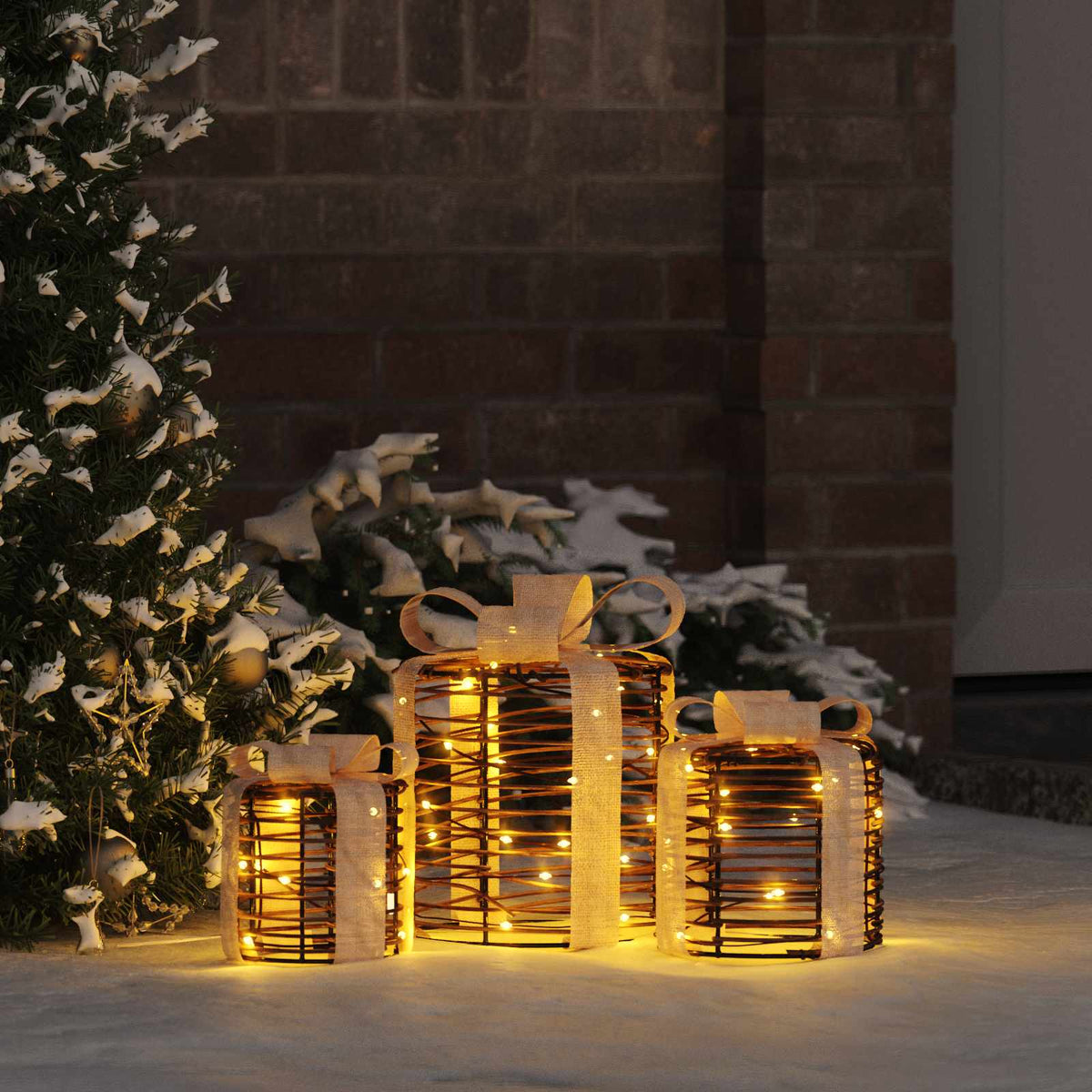 Gift Box Decoration 3 pcs Warm white 20 x 20 x 20 cm Rattan