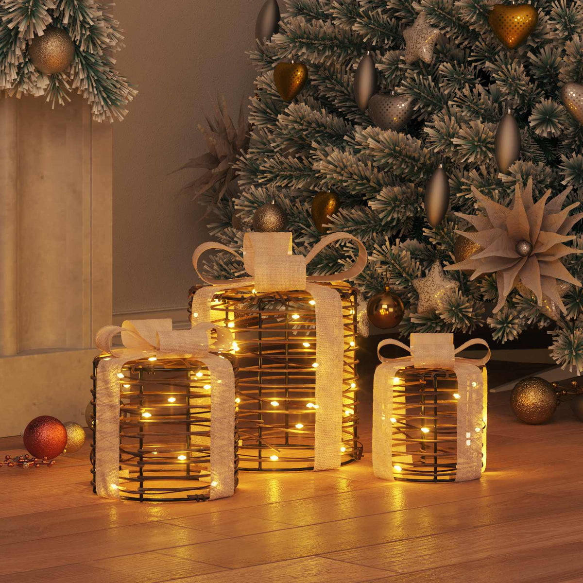 Gift Box Decoration 3 pcs Warm white 20 x 20 x 20 cm Rattan