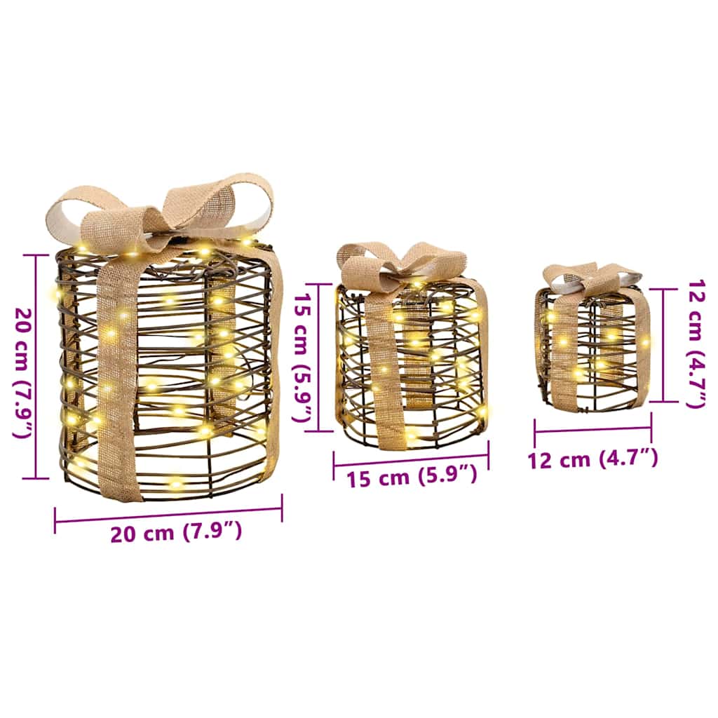 Gift Box Decoration 3 pcs Warm white 20 x 20 x 20 cm Rattan