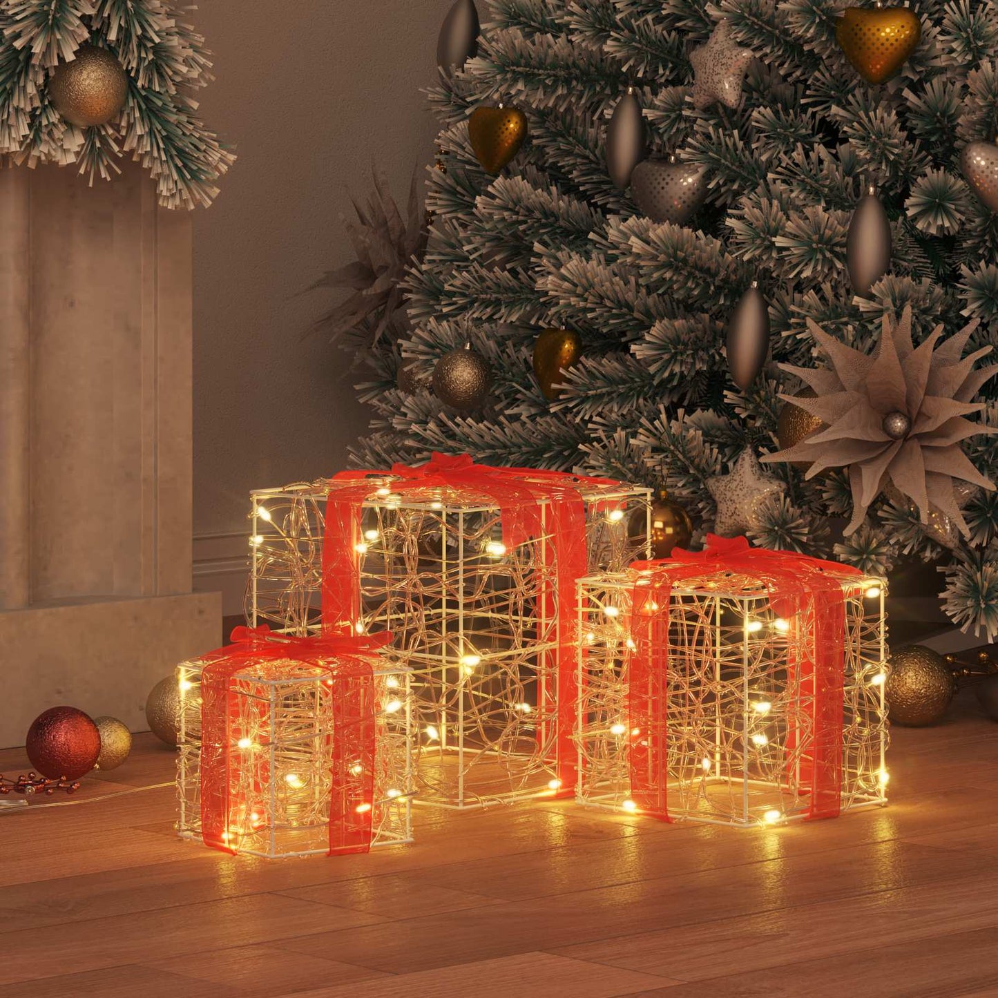 Gift Box with 60 LEDs 3 pcs Warm white 20 x 20 x 20 cm Acrylic