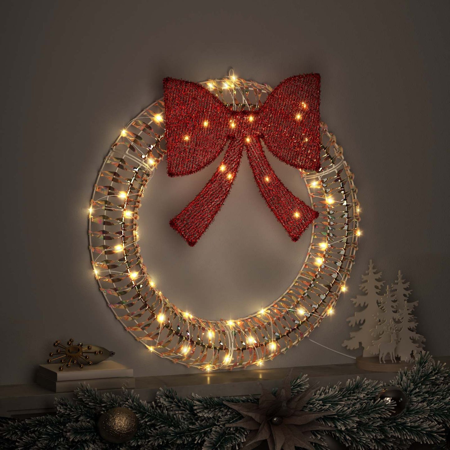 Wreath with 60 LEDs Warm white 76 x 76 x 8 cm PET