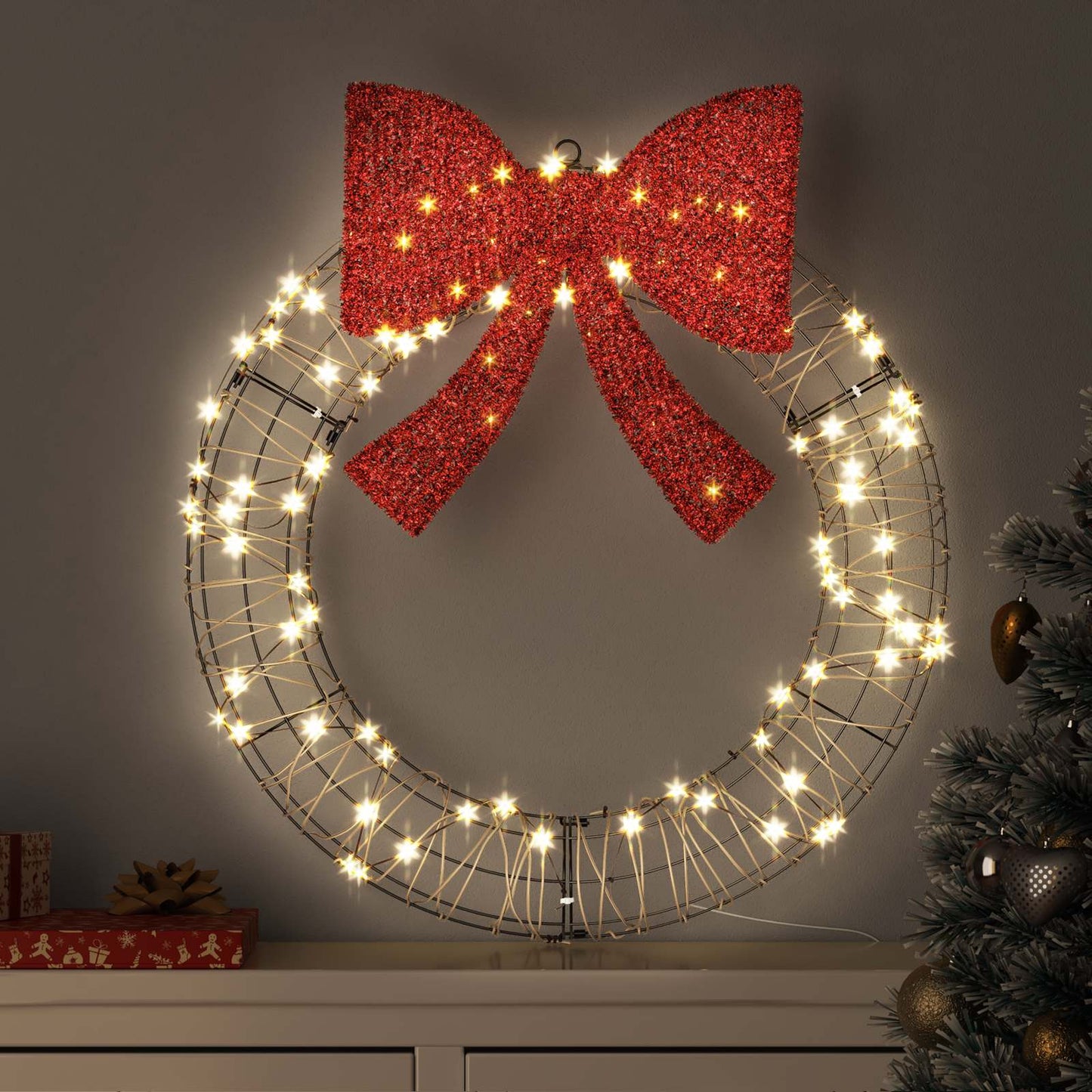 Wreath with 60 LEDs Warm white 75 x 75 x 8 cm Rattan