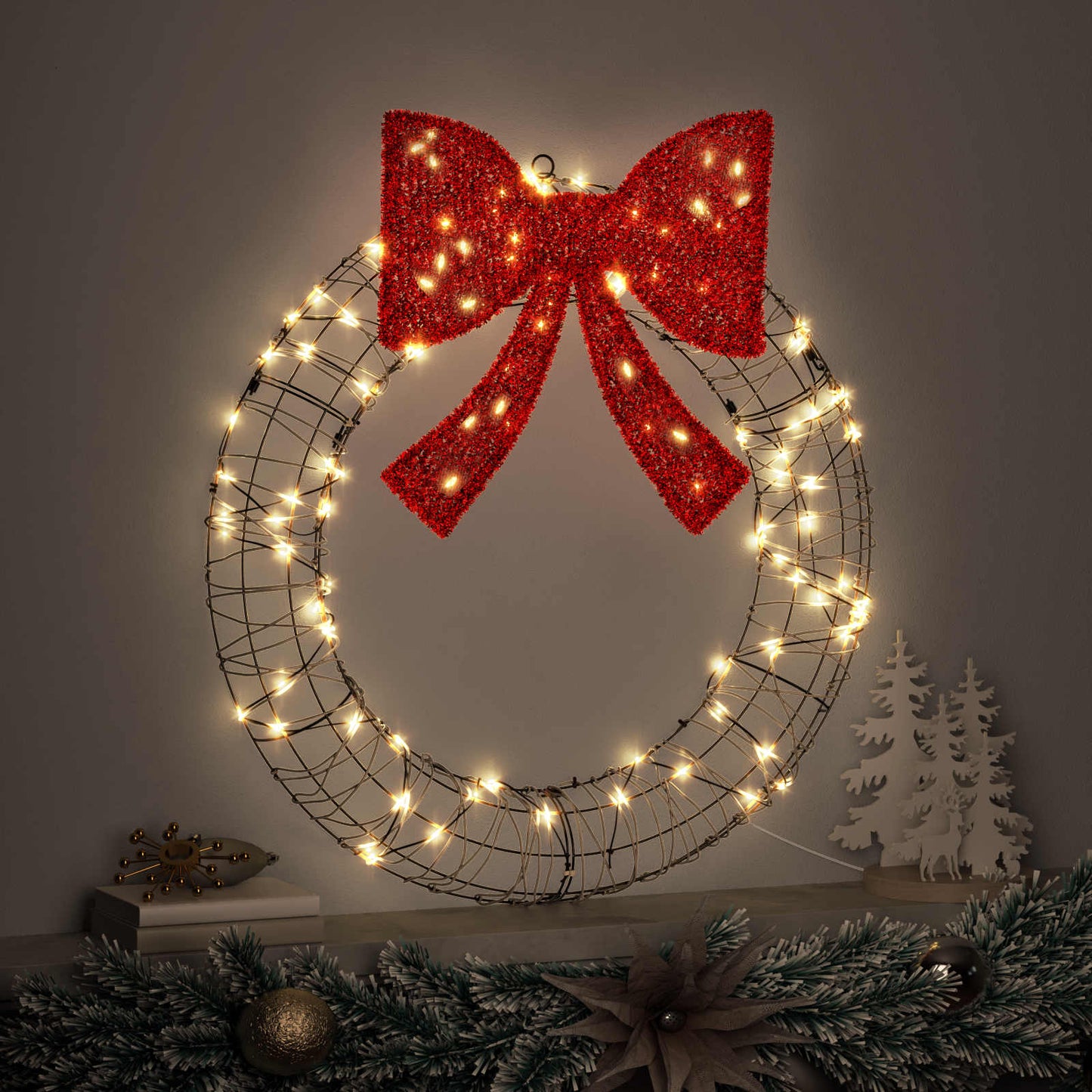 Wreath with 60 LEDs Warm white 75 x 75 x 8 cm Rattan