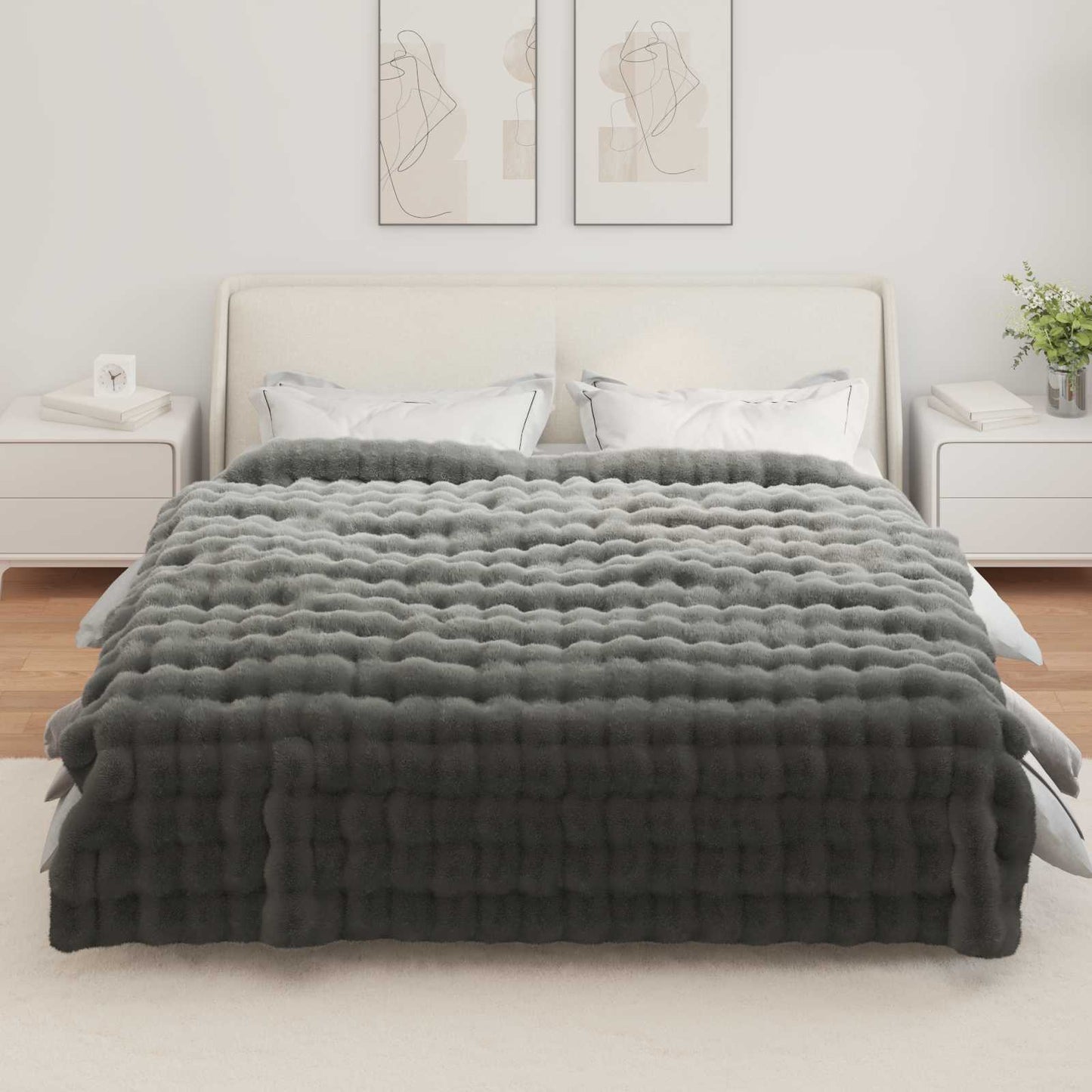 Anti-Slip Faux Rabbit Fur Blanket Olite 4 pcs Dark Grey
