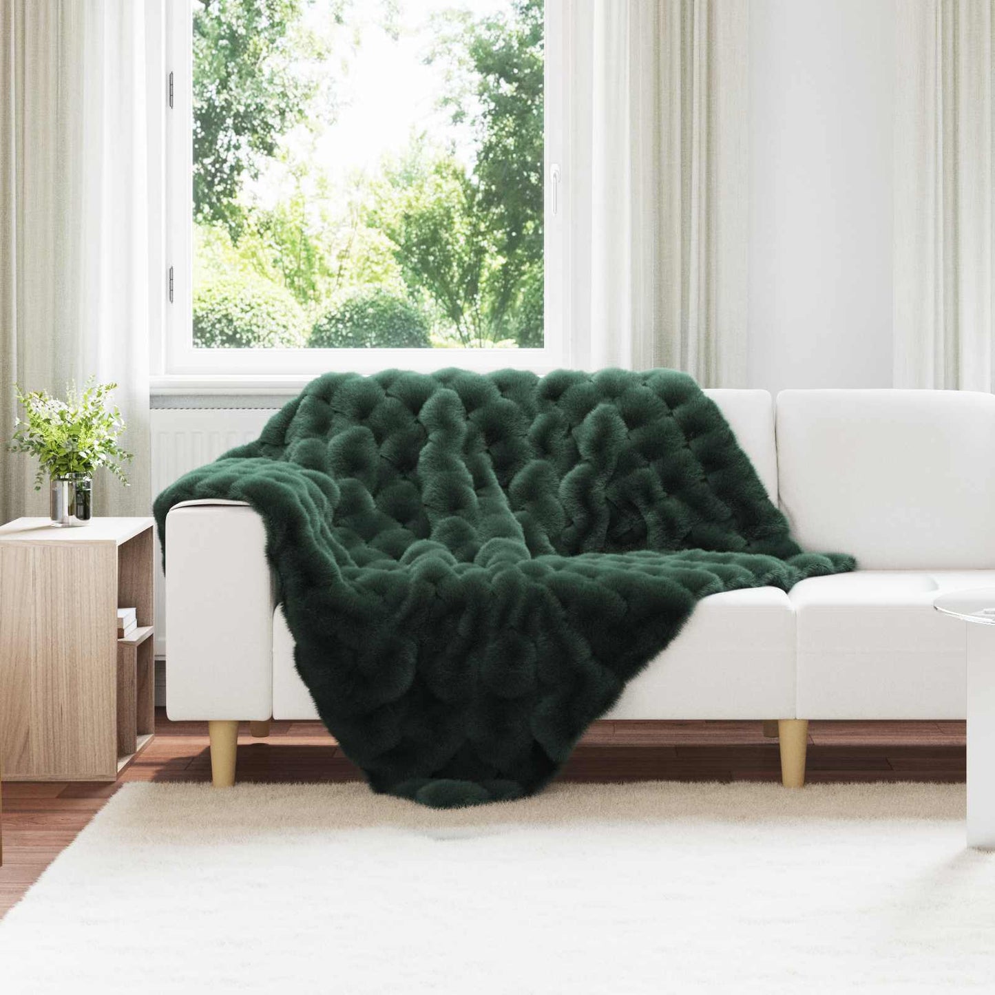 Anti-Slip Faux Rabbit Fur Blanket Olite Dark Green 130 x 150 cm