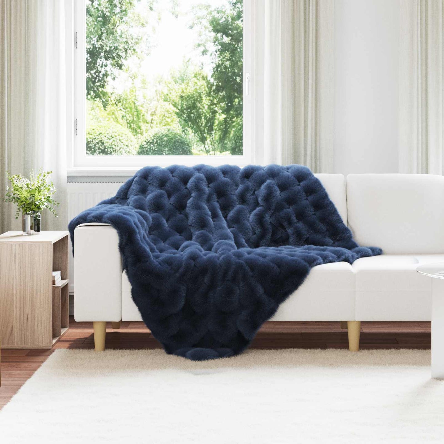 Anti-Slip Faux Rabbit Fur Blanket Olite Marine Blue Polyester