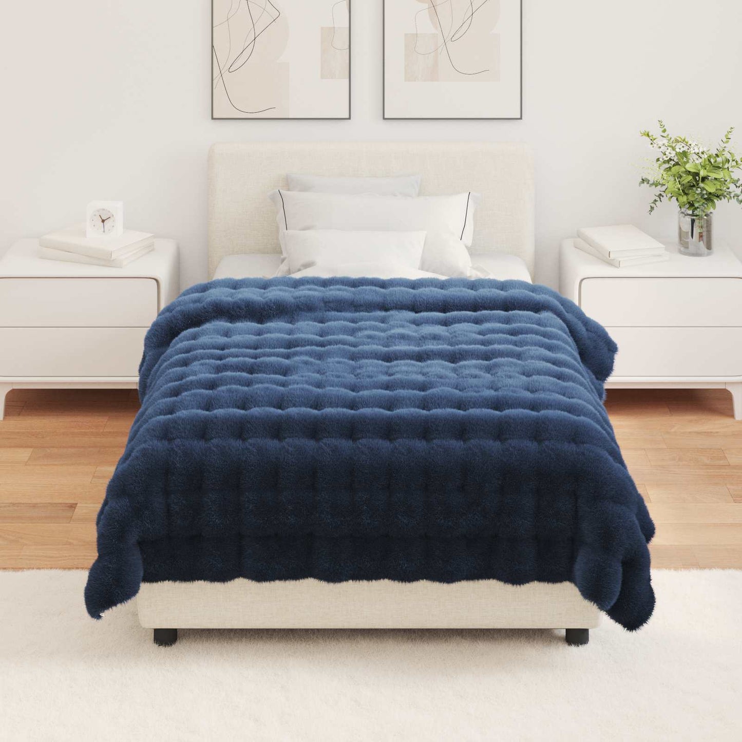 Anti-Slip Faux Rabbit Fur Blanket Olite Marine Blue Polyester