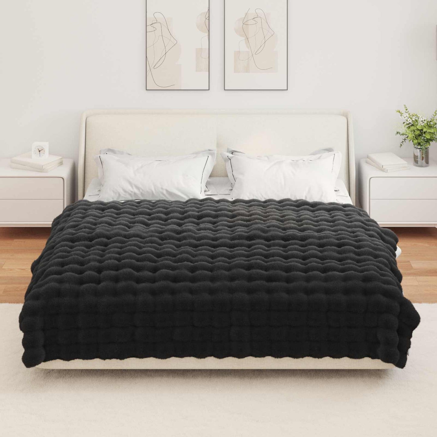 Anti-Slip Faux Rabbit Fur Blanket Olite 4 pcs Black Polyester