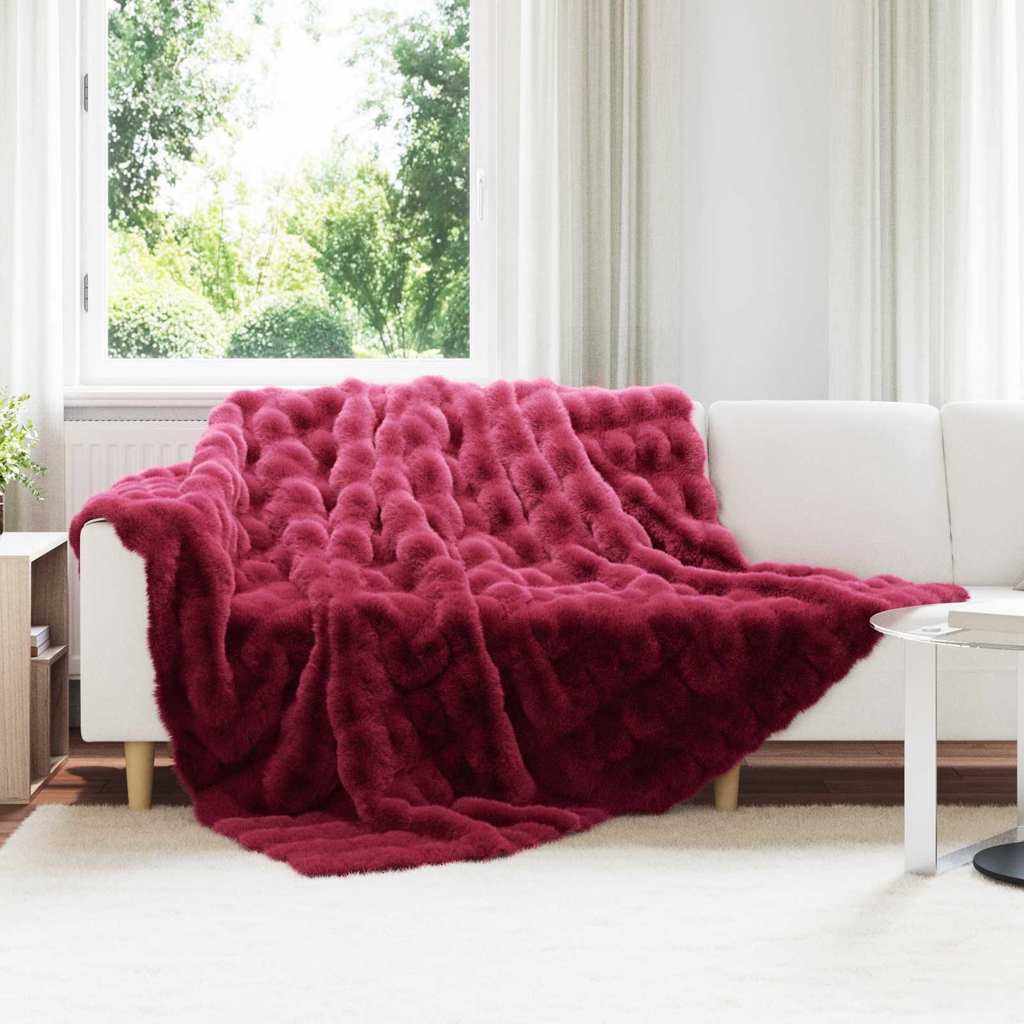 Anti-Slip Faux Rabbit Fur Blanket Olite Bordeaux Red Polyester