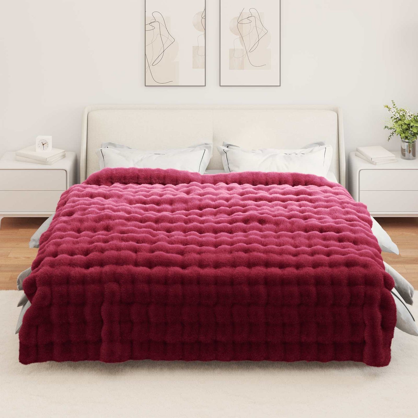 Anti-Slip Faux Rabbit Fur Blanket Olite 4 pcs Bordeaux Red