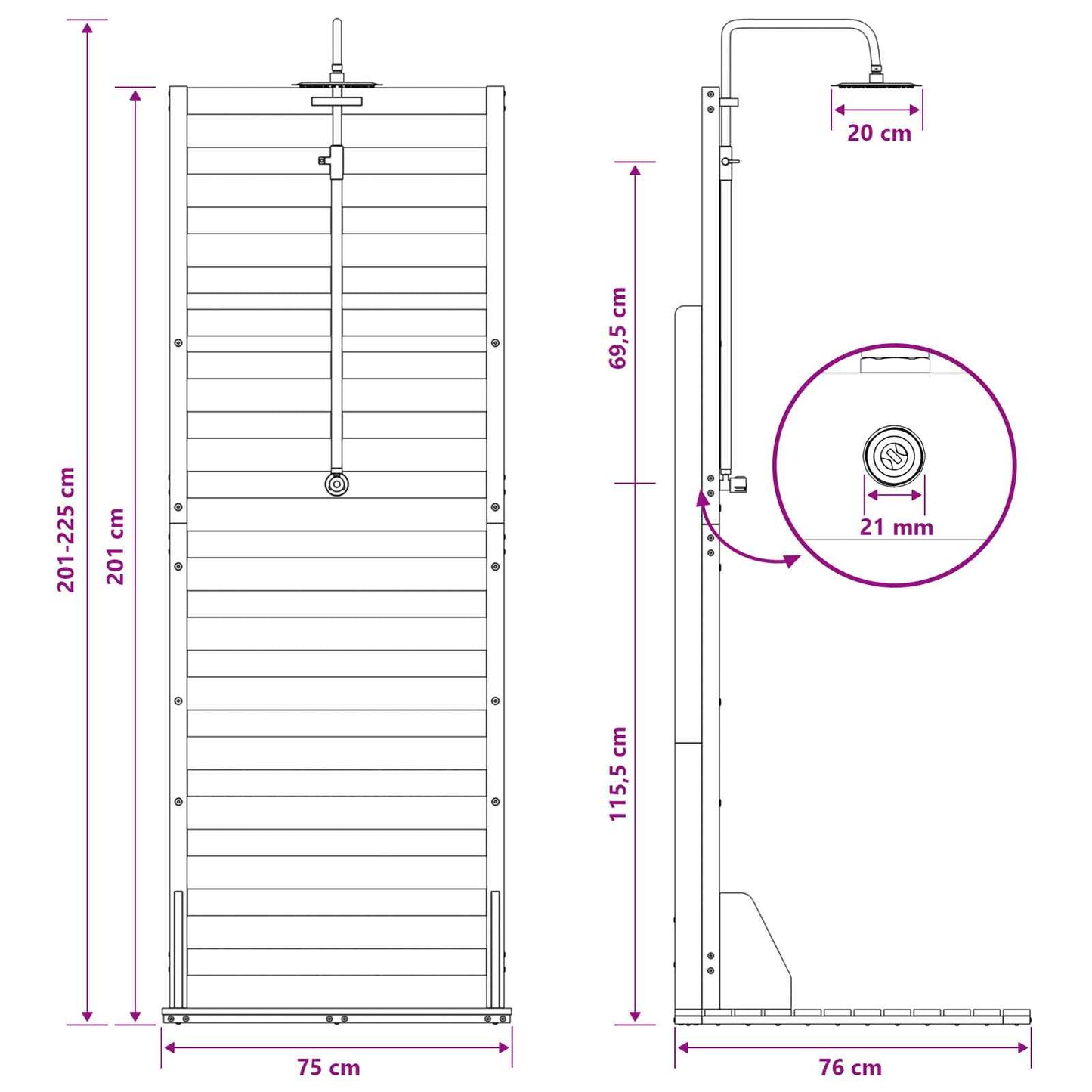 Outdoor Shower 225 cm Impregnated Pine Wood and Stainless Steel