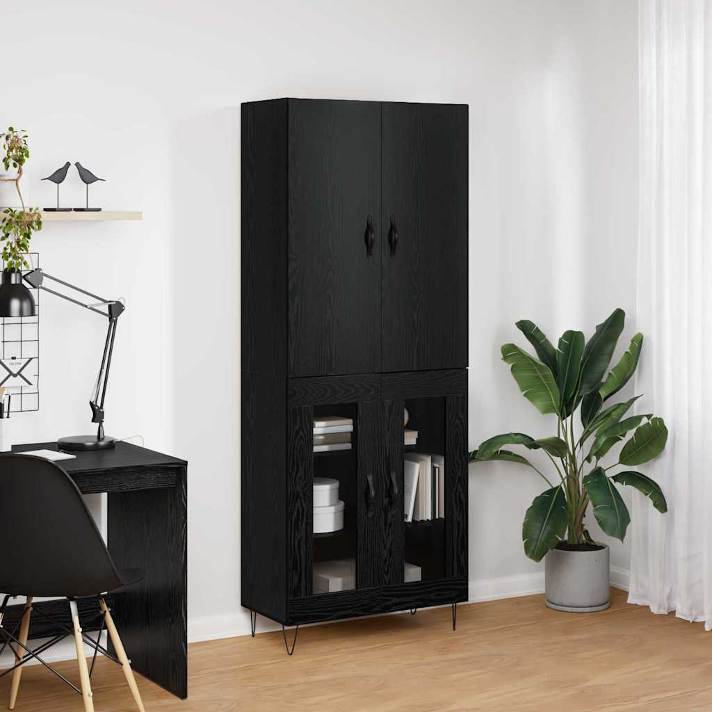 Highboard 2 pcs Black Oak Engineered Wood and Glass
