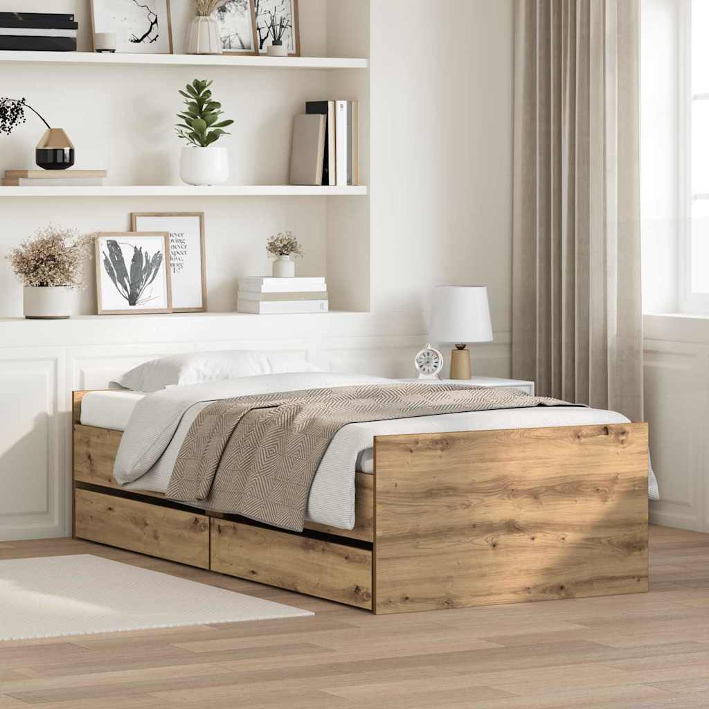 Bed Frame with Drawer Artisan Oak 100 x 200 cm Solid Pine Wood