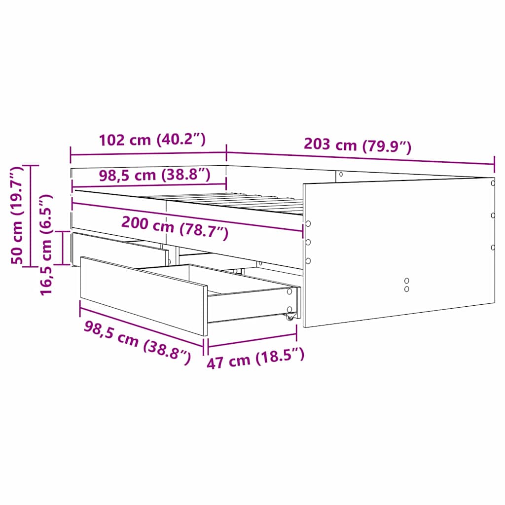 Bed Frame with Drawer Black Oak 100 x 200 cm Solid Pine Wood