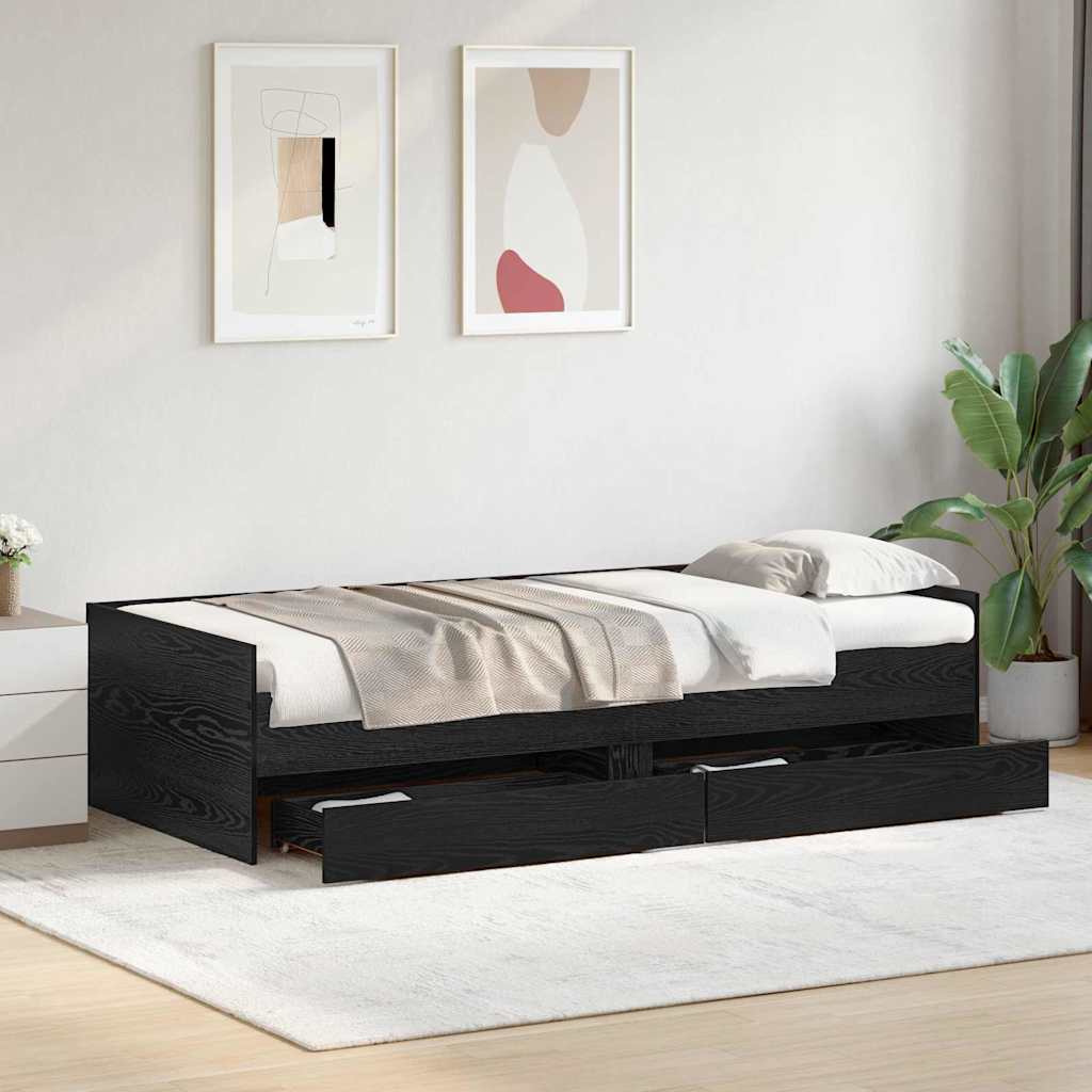 Bed Frame with Drawer Black Oak 90 x 200 cm Solid Pine Wood