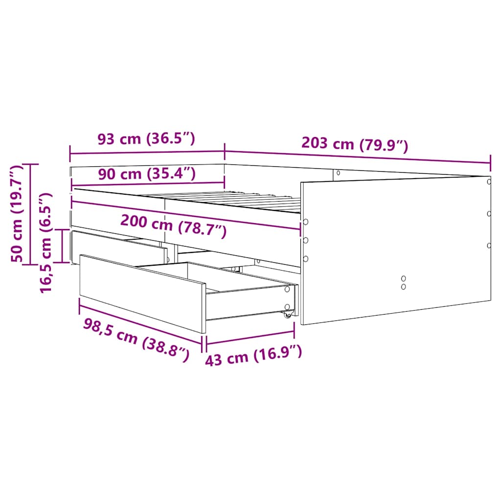 Bed Frame with Drawer Black Oak 90 x 200 cm Solid Pine Wood