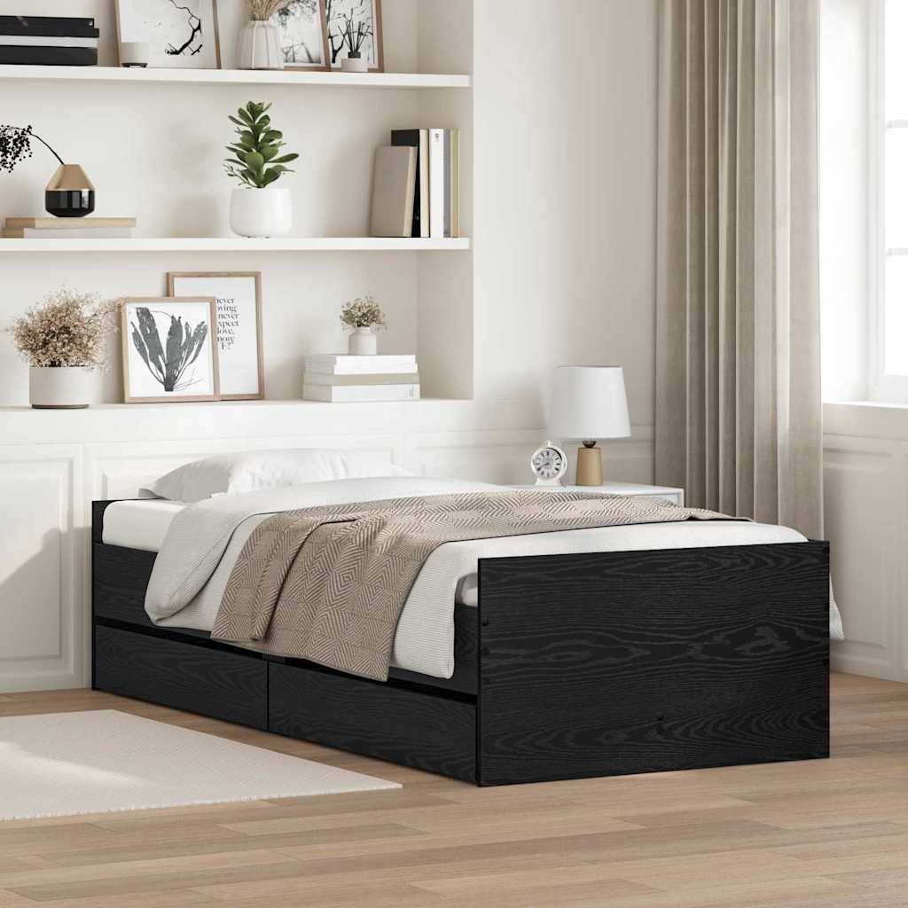 Bed Frame with Drawer Black Oak 90 x 190 cm Solid Pine Wood