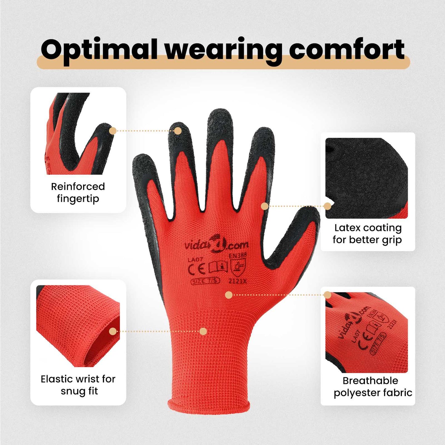 Work Gloves 12 pcs Red and Black 7 / S Latex Coating