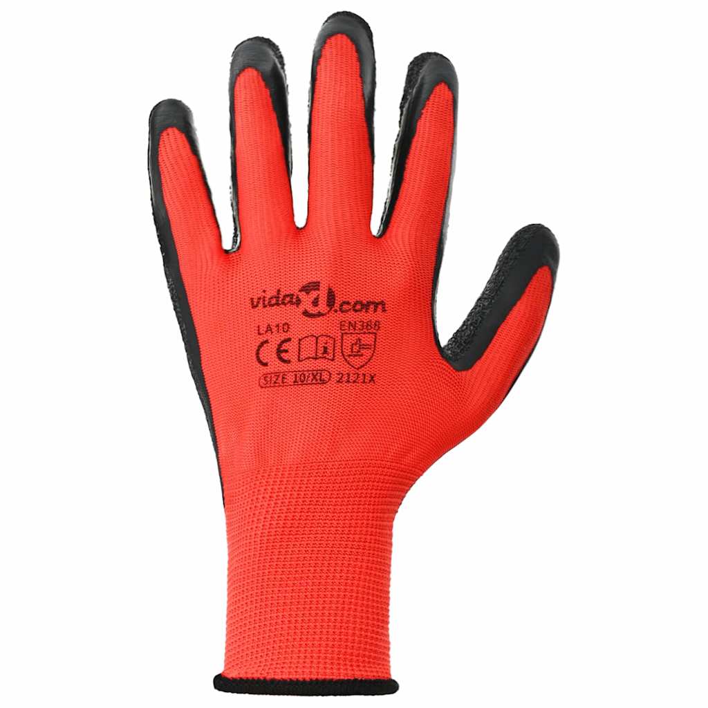 Work Gloves 12 pcs Red and Black 10 / XL Latex Coating