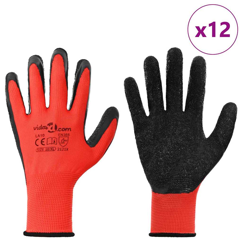 Work Gloves 12 pcs Red and Black 10 / XL Latex Coating