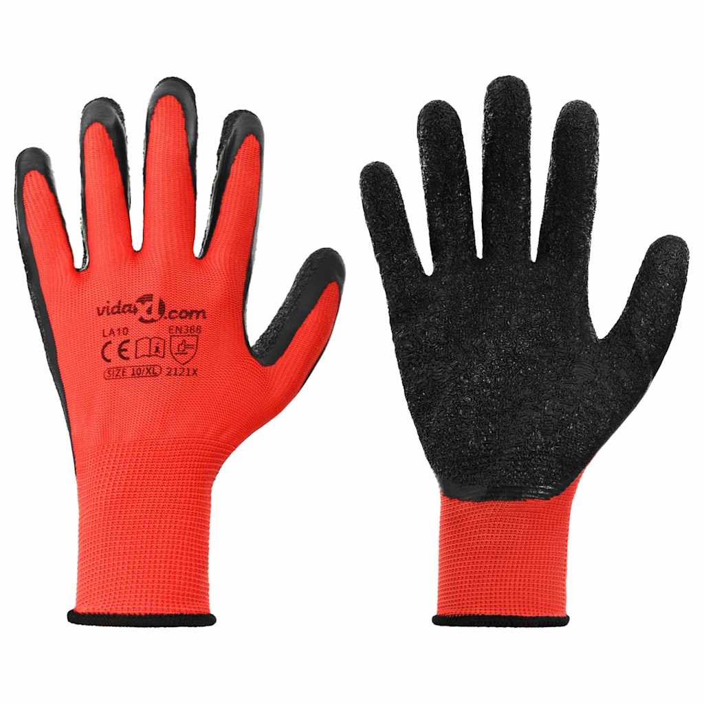 Work Gloves 24 pcs Red and Black 10 / XL Latex Coating