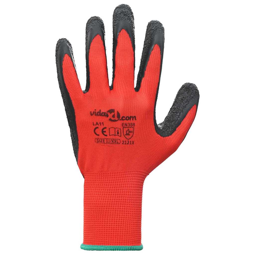 Work Gloves 12 pcs Red and Black 11 / XXL Latex Coating