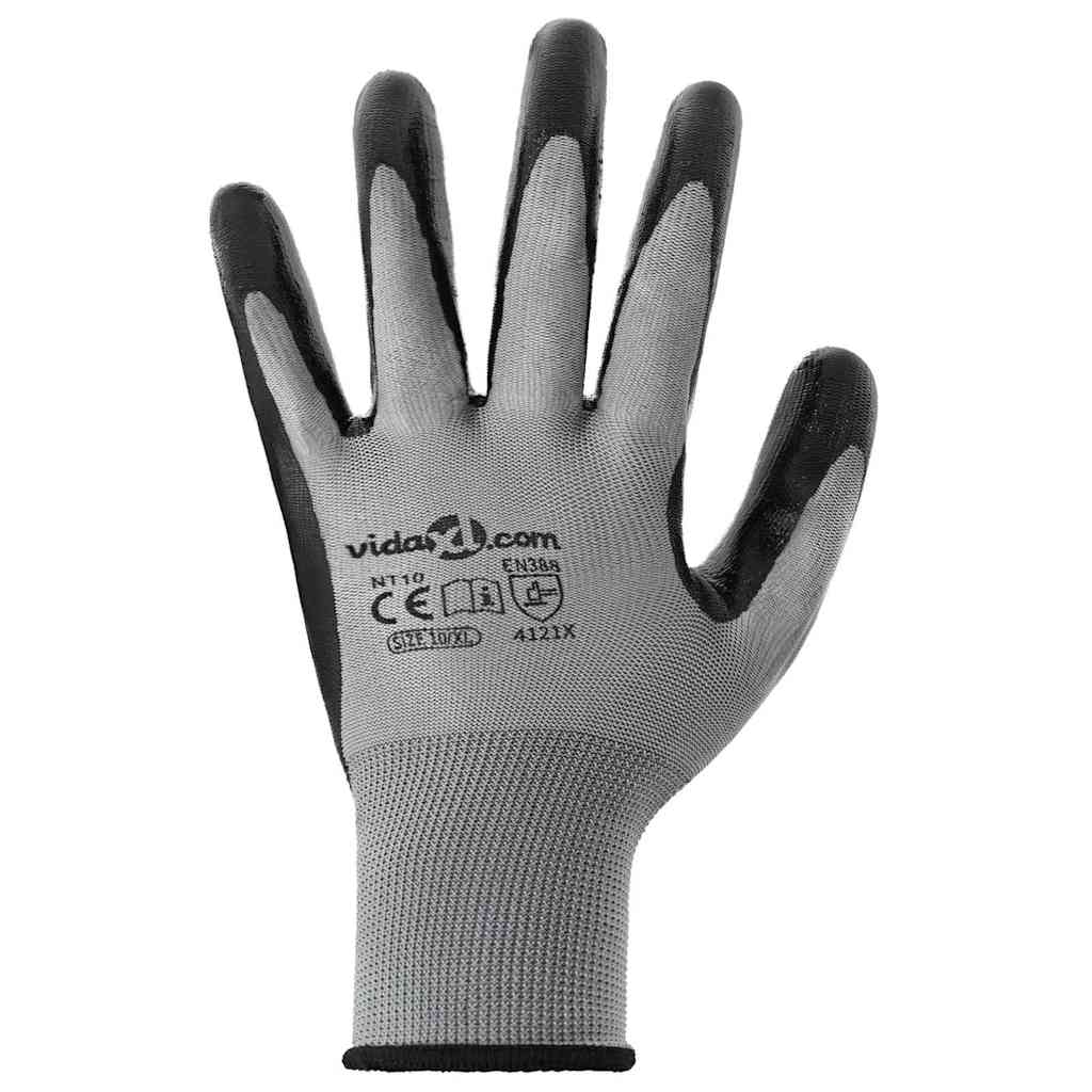 Work Gloves 12 pcs Grey and Black 10 / XL Polyester