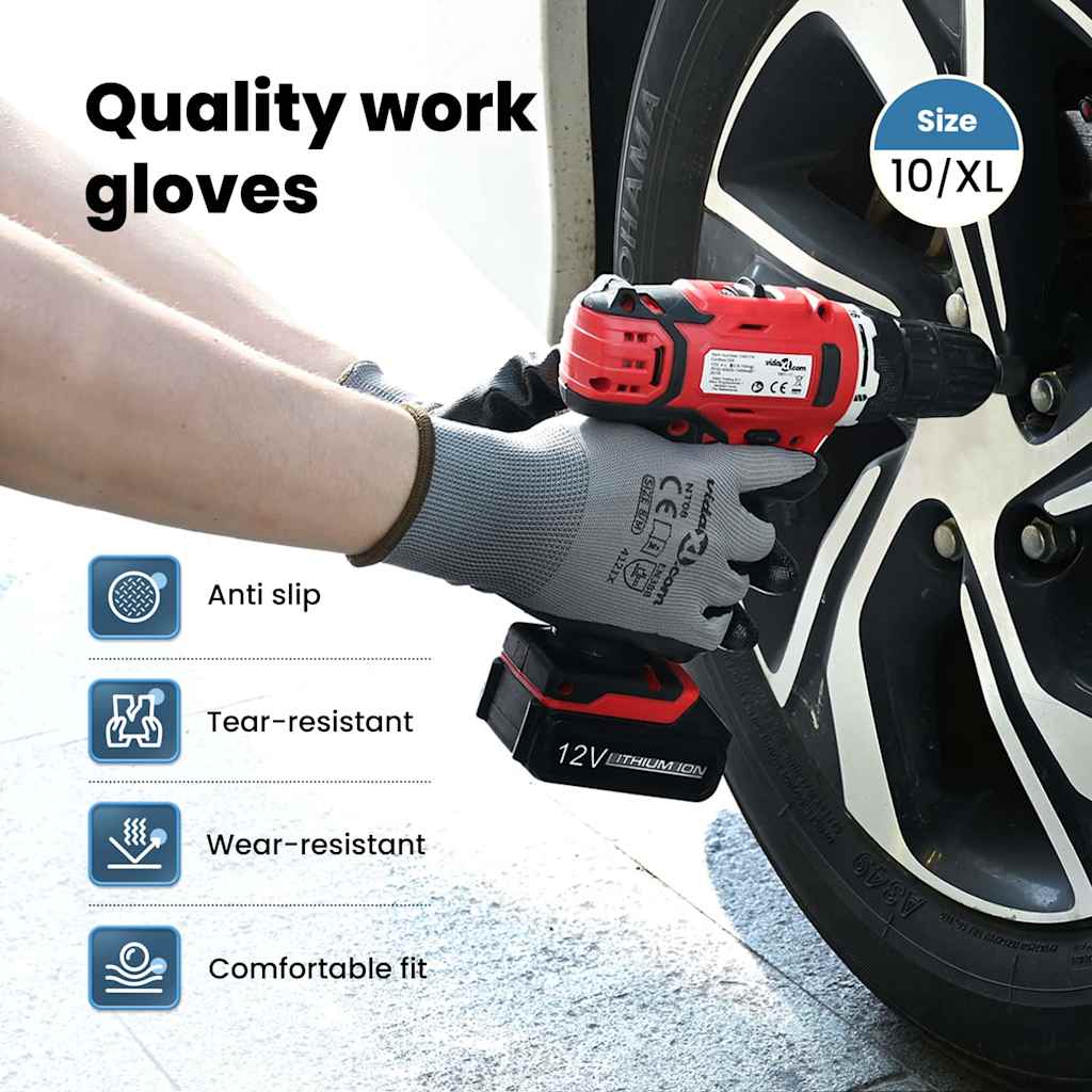 Work Gloves 24 pcs Grey and Black 10 / XL Polyester