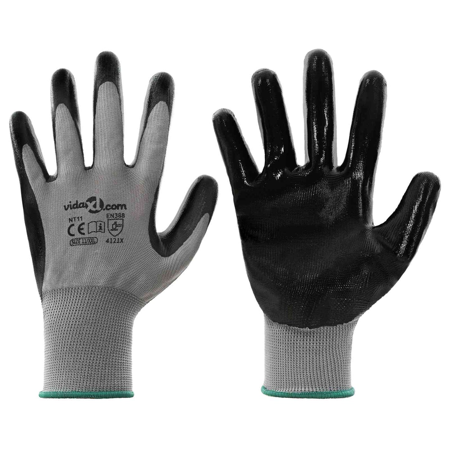 Work Gloves 12 pcs Grey and Black 11 / XXL Polyester