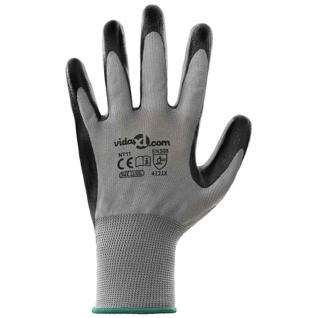 Work Gloves 12 pcs Grey and Black 11 / XXL Polyester