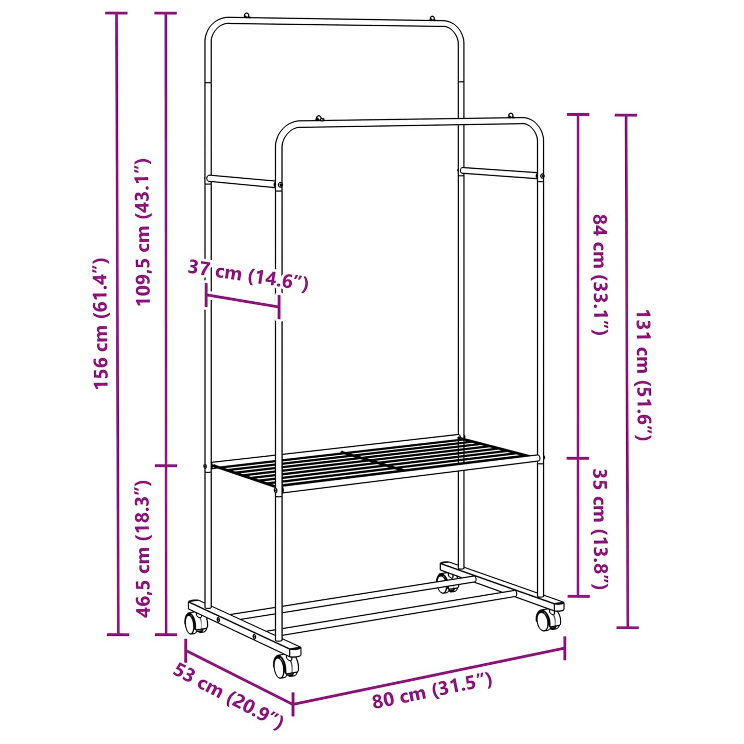 Clothes Rack with Shelf with Wheel Black 80 x 53 x 156 cm