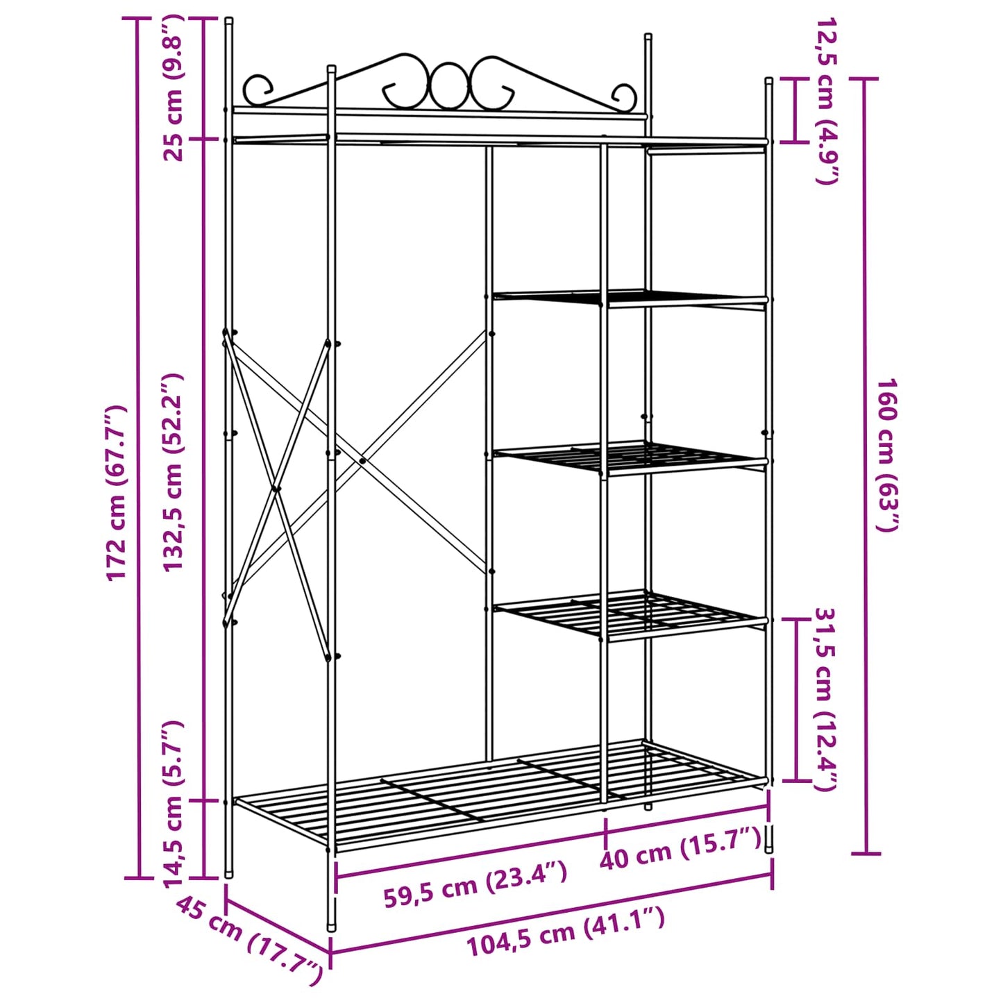 Open Wardrobe with Shelf Black 104.5 x 45 x 172 cm Steel