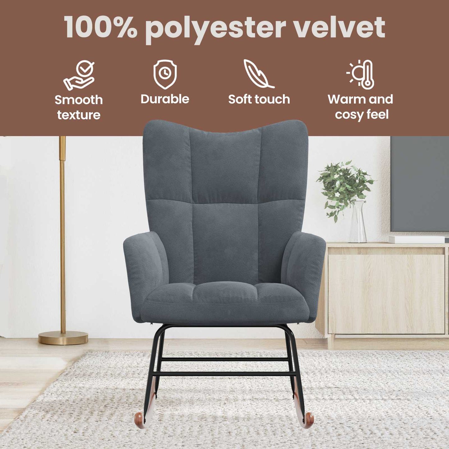Rocking Chair Dark Grey 78 x 61 x 98 cm Velvet