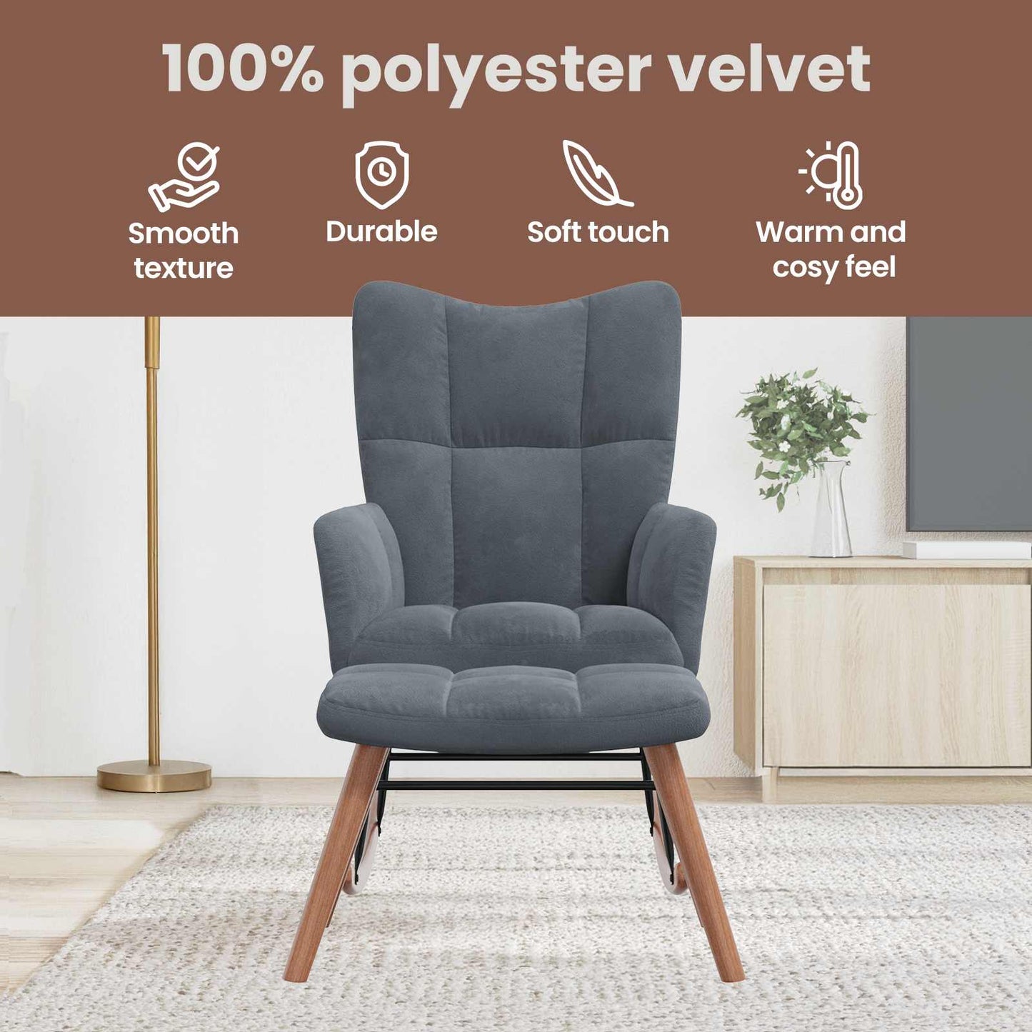 Rocking Chair with Footstool Dark Grey Velvet