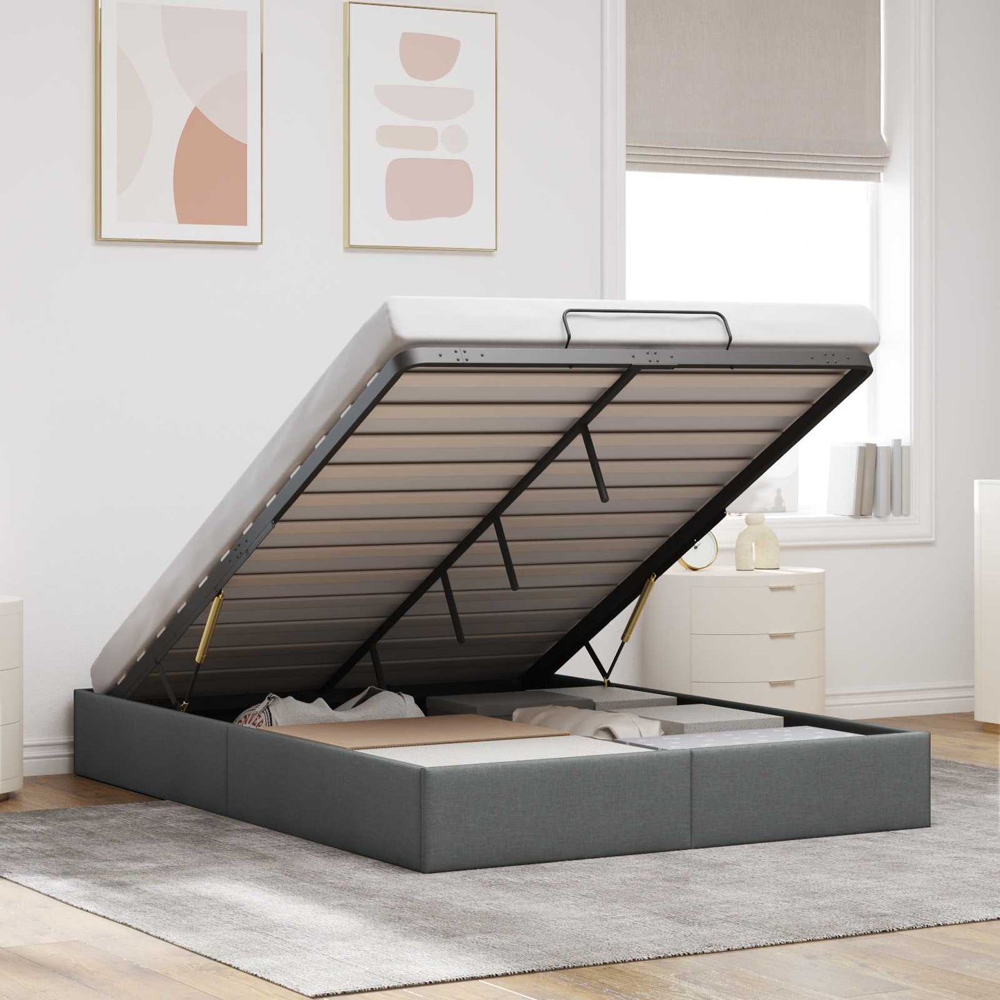 Ottoman Bed Frame Dark Grey Queen Size Fabric