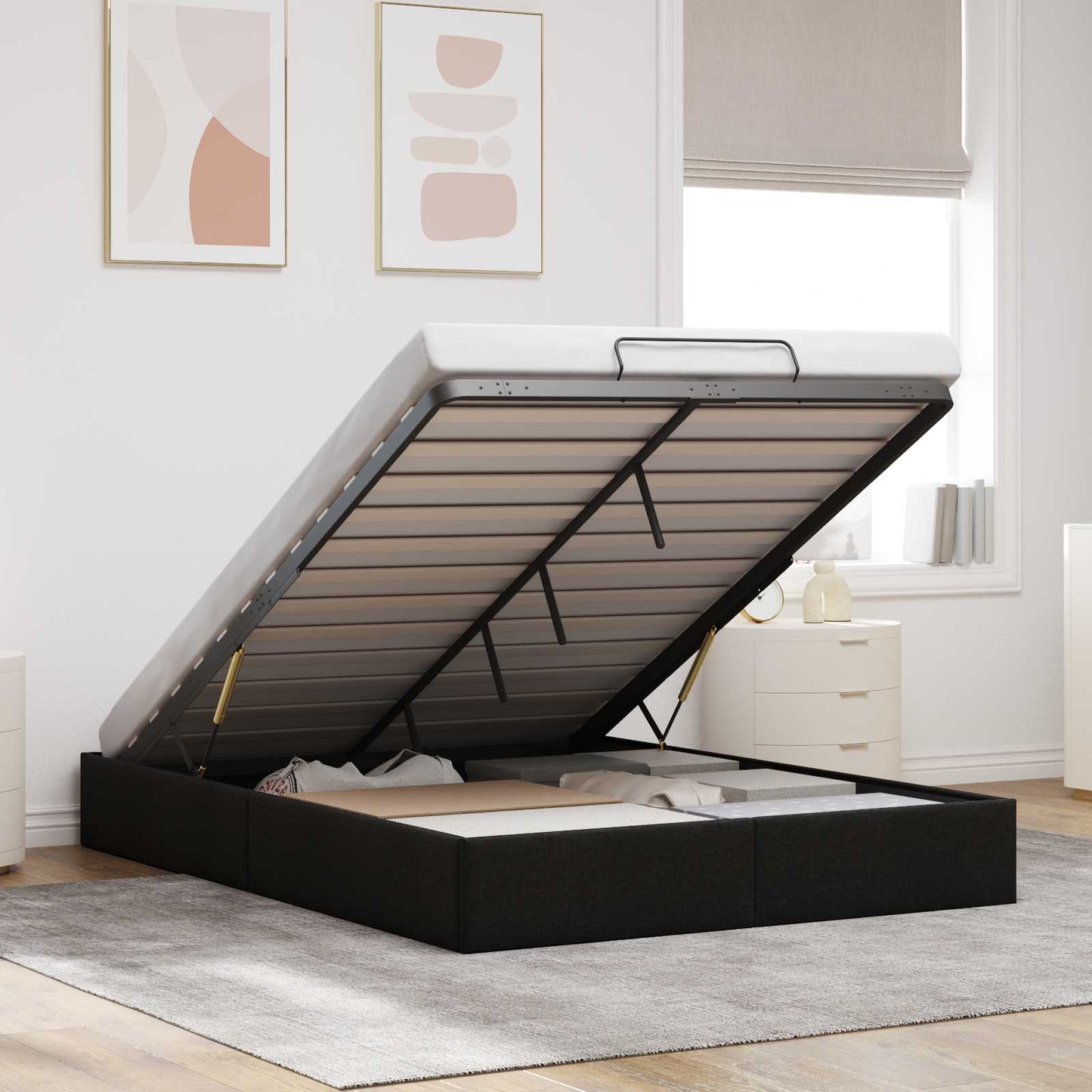 Ottoman Bed Frame Black Queen Size Fabric