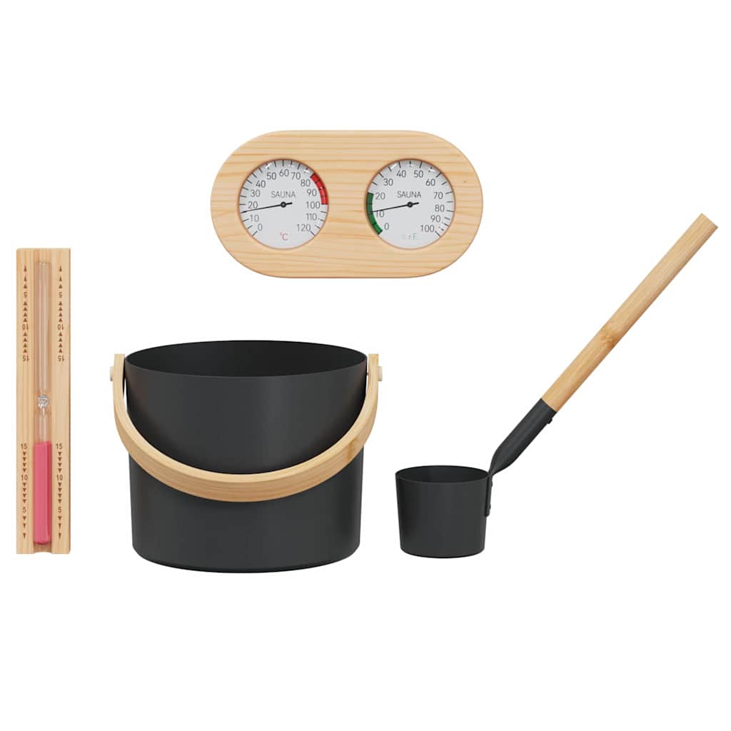 Sauna Accessory Set 4 pcs Black Aluminium and Solid Pine Wood