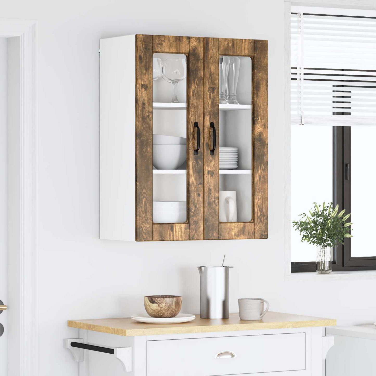 Wall Glass Cabinet PORTO Smoked Oak 60 x 31 x 80 cm