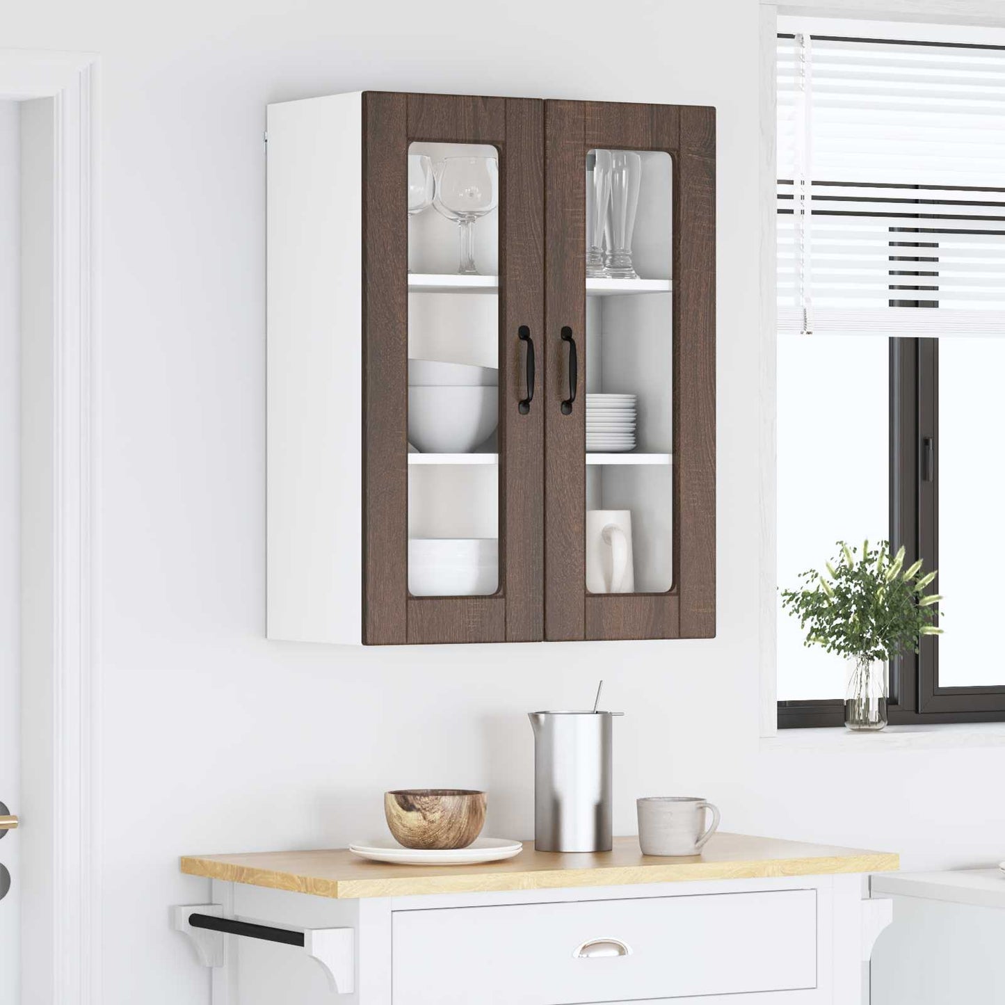 Wall Glass Cabinet PORTO Brown Oak 60 x 31 x 80 cm