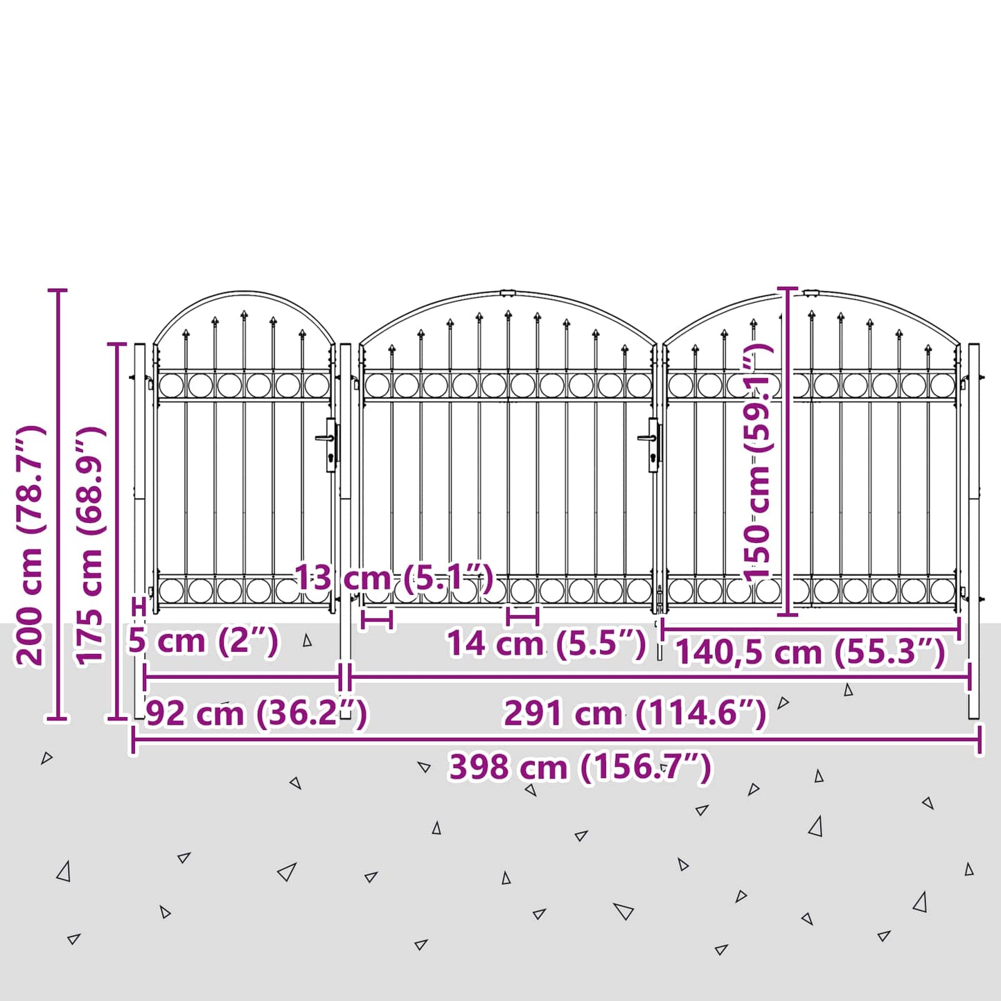 Garden Fence Gate with Arched Top Assen Grey 400 x 100 cm Steel