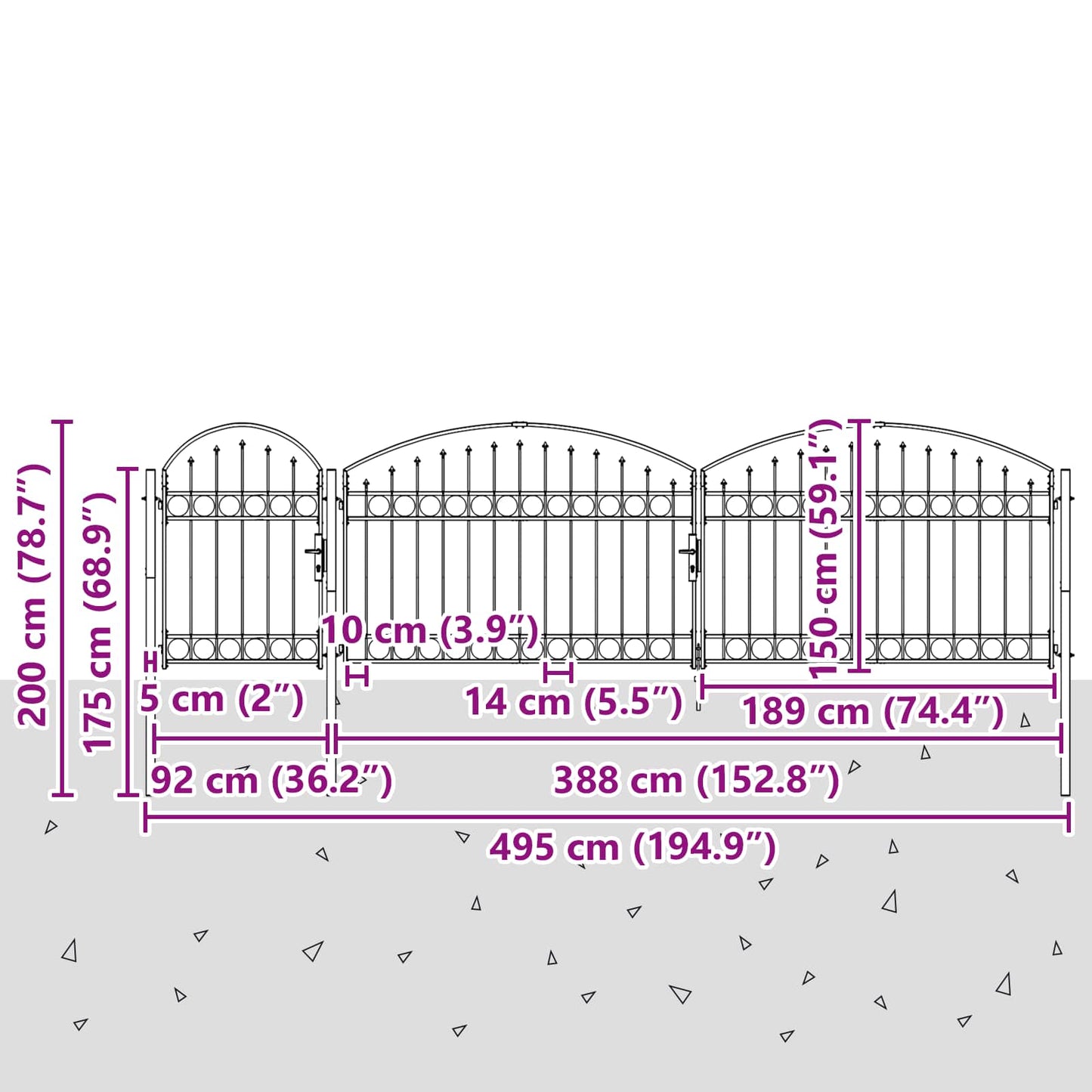 Garden Fence Gate with Arched Top Assen Grey 500 x 100 cm Steel