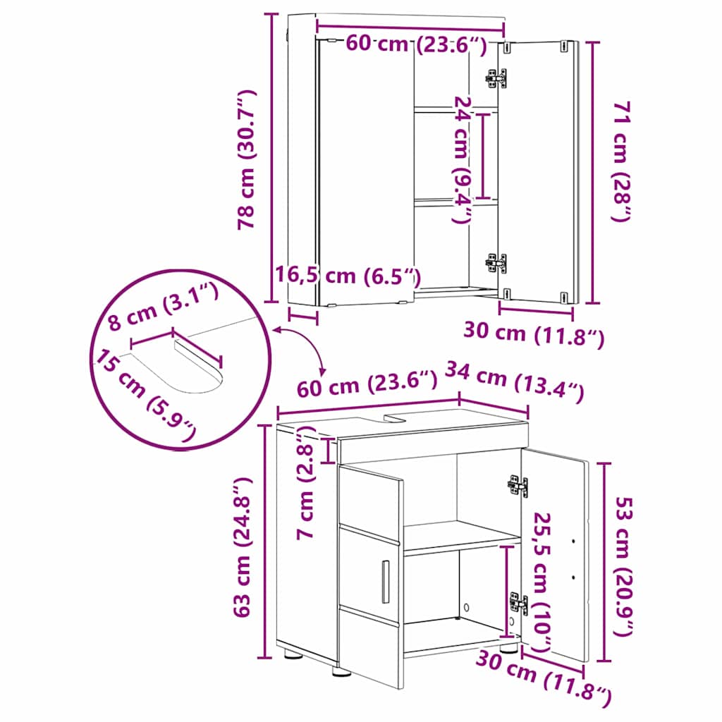 Bathroom Furniture Set TULUM 3 pcs Grey Sonoma 60 x 34 x 63 cm