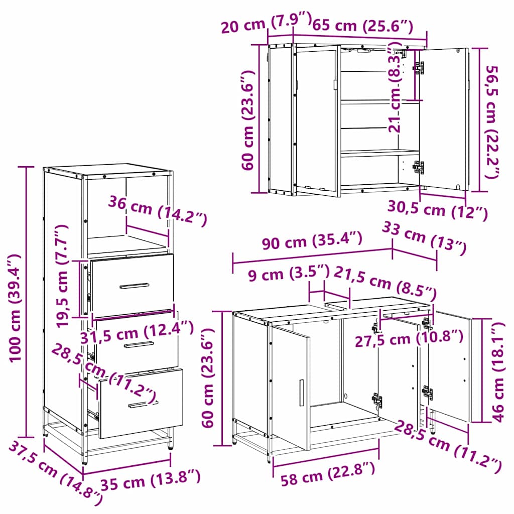 Bathroom Furniture Set with Door 3 pcs Old Wood Engineered Wood