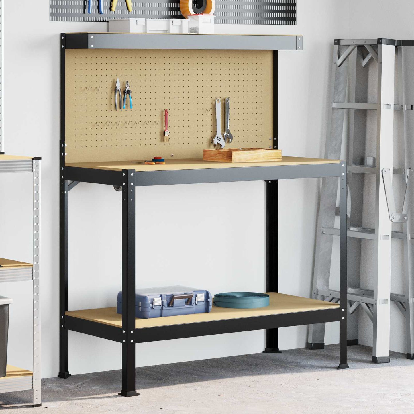Workbench Black 114 x 54 x 145 cm Engineered Wood and Metal