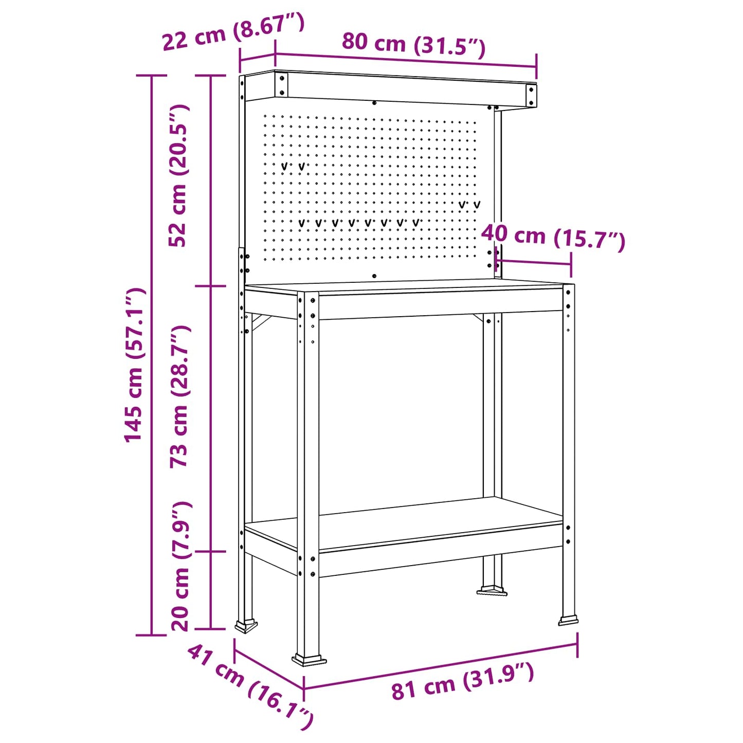 Workbench Black 81 x 41 x 145 cm Engineered Wood and Metal